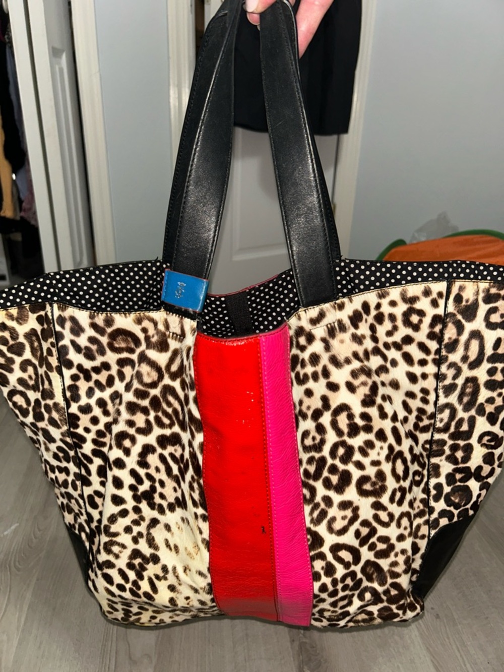 Juicy Couture Leopard Tote with Red and Pink Center Stripe